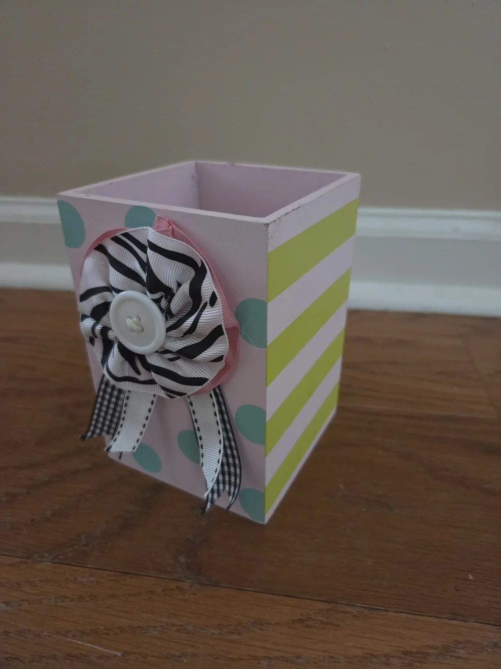 Decorative Pink Polka Dot & Lime Stripe Pencil Holder with Ribbon Accent